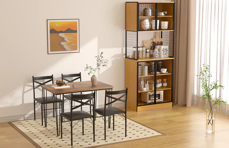 VECELO dining room set and tall mesh-door pantry cabinet in a bright, modern space, showcasing how compact furniture can provide style, storage, and function in small homes.