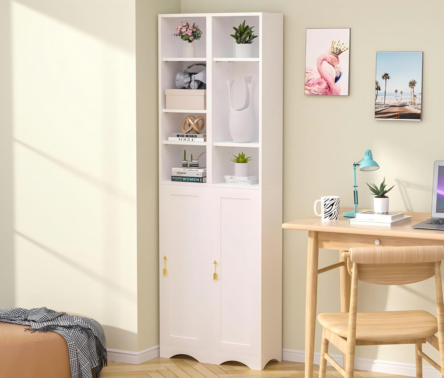 Modern white tall storage cabinet with open shelves and closed doors, styled with plants and decor, perfect for bedroom or home office organization.