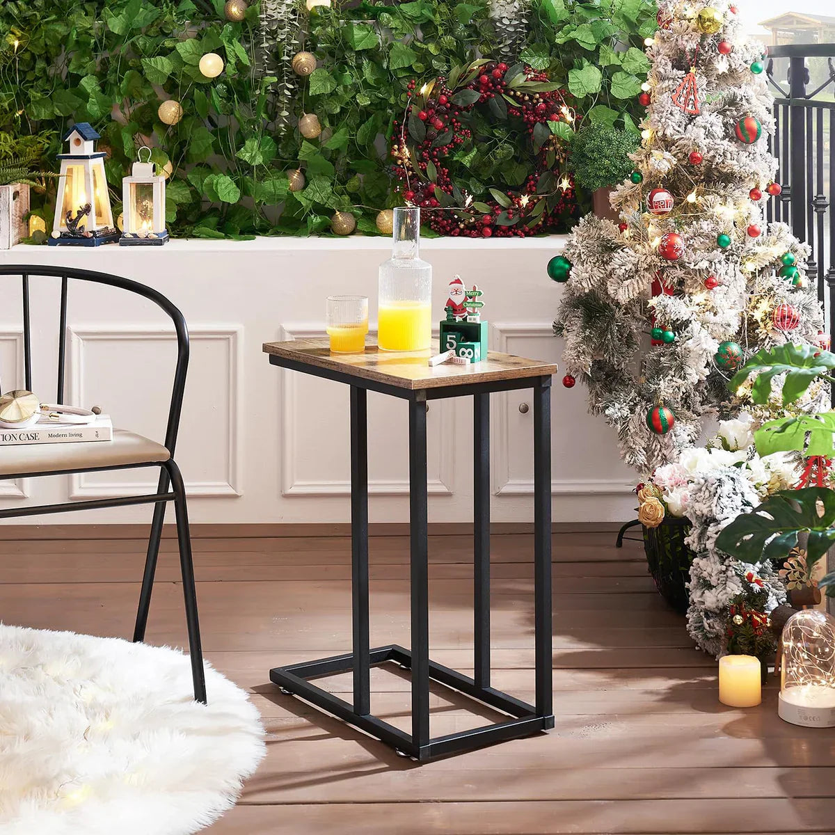 VECELO C-shaped sofa side table with wood top and black metal frame, styled as a holiday drink table beside a festive Christmas setup