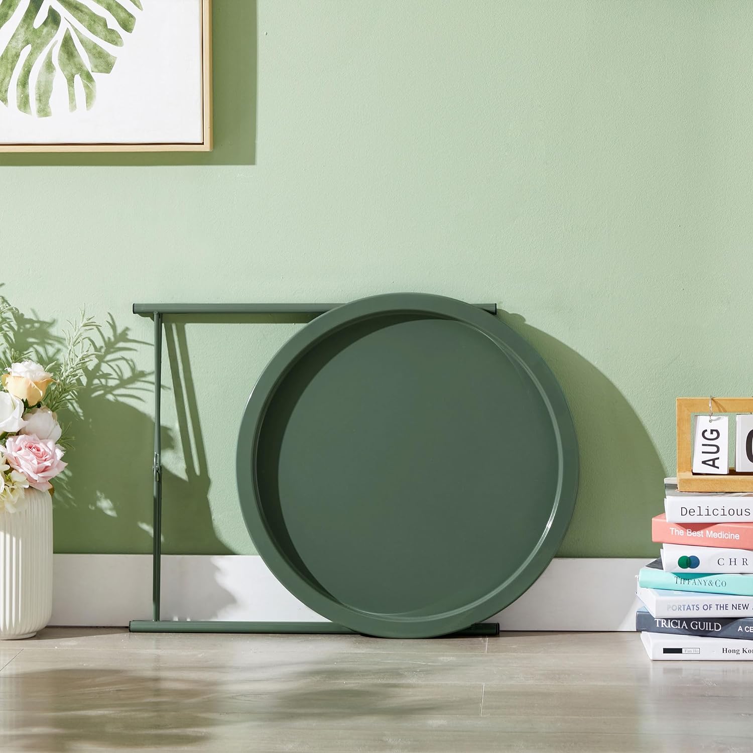 VECELO round folding tray table in dark green, compact metal side table for living room, bedroom or balcony