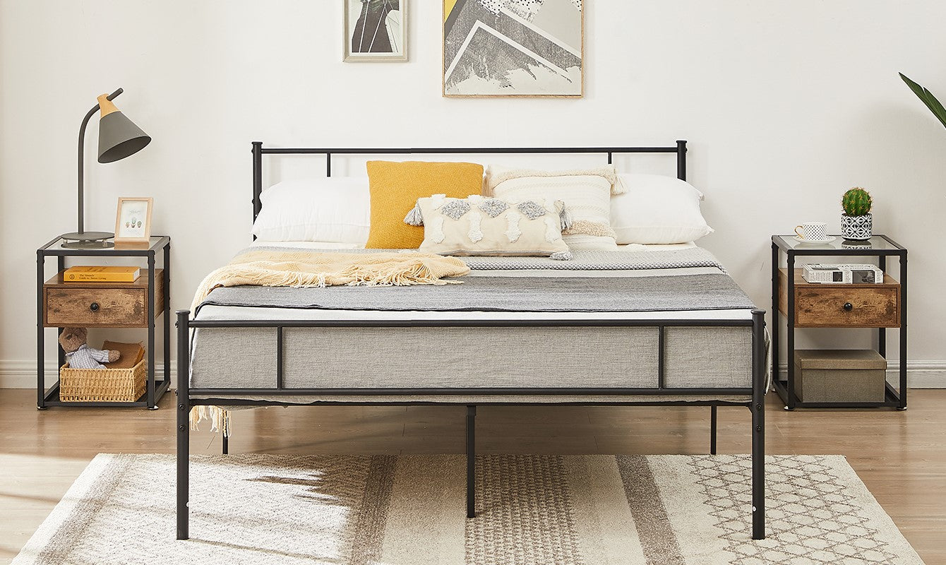 VECELO black metal bed frame with two rustic nightstands featuring drawer and open shelf storage, styled in a cozy bedroom setting.