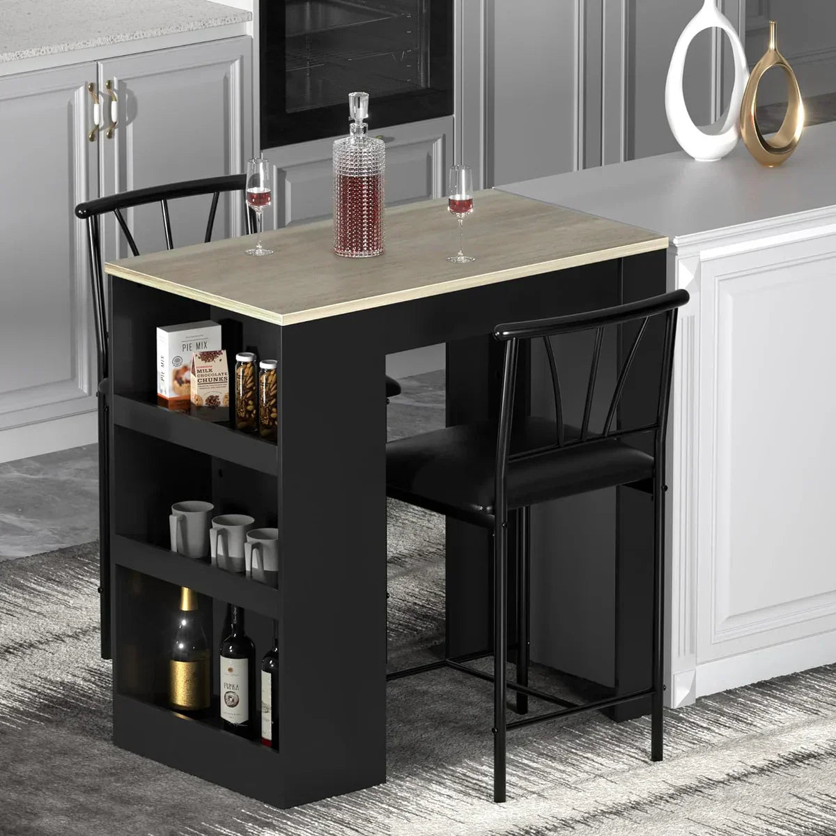 VECELO small black bar table and chairs set with built-in side shelves, styled in a compact kitchen dining space with wine and mugs on display.