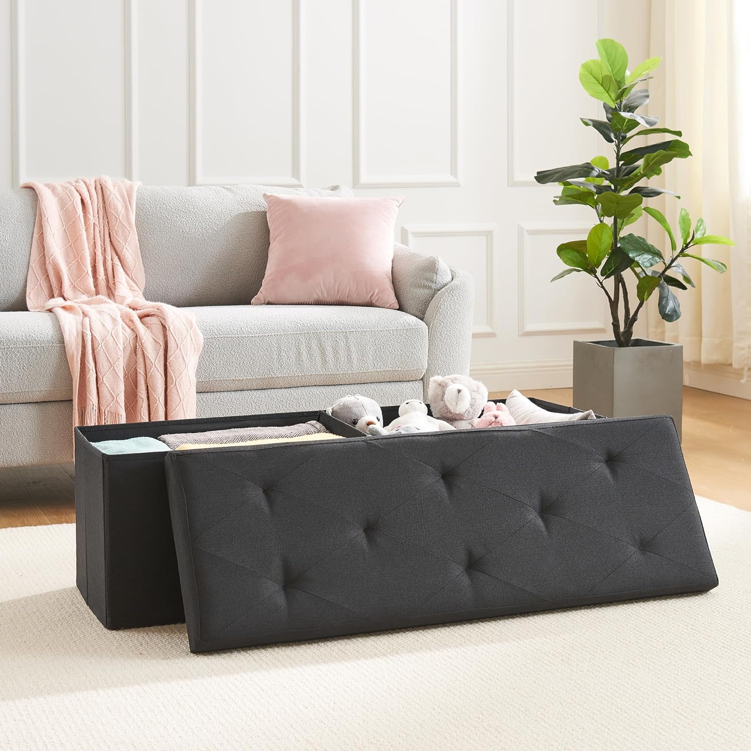 VECELO Folding Storage Ottoman Bench, Storage Chest, Linen Fabric - VECELO