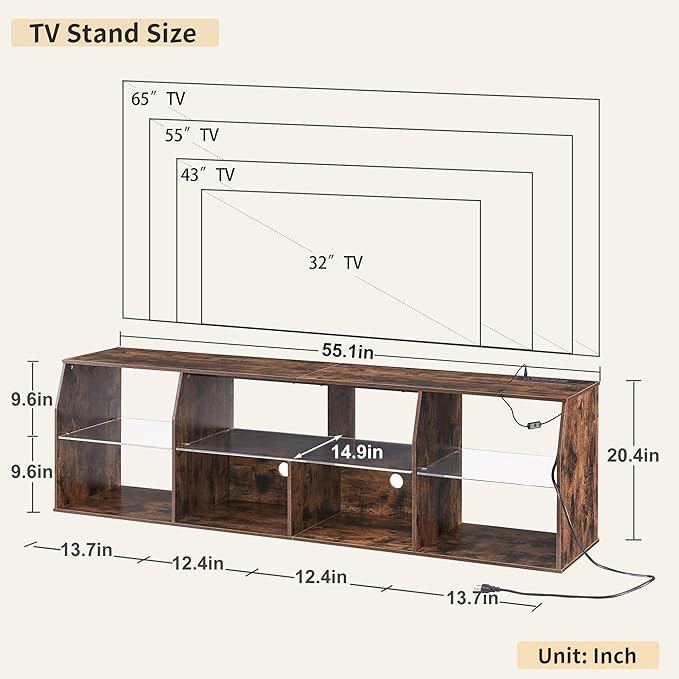 VECELO TV Stand with LED Strip & Power Outlets, Industrial Entertainment Center