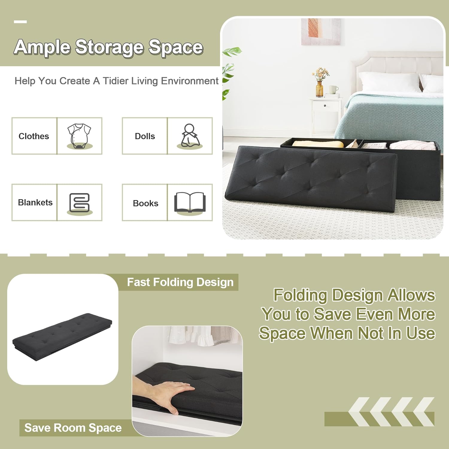 VECELO Folding Storage Ottoman Bench, Storage Chest, Linen Fabric - VECELO