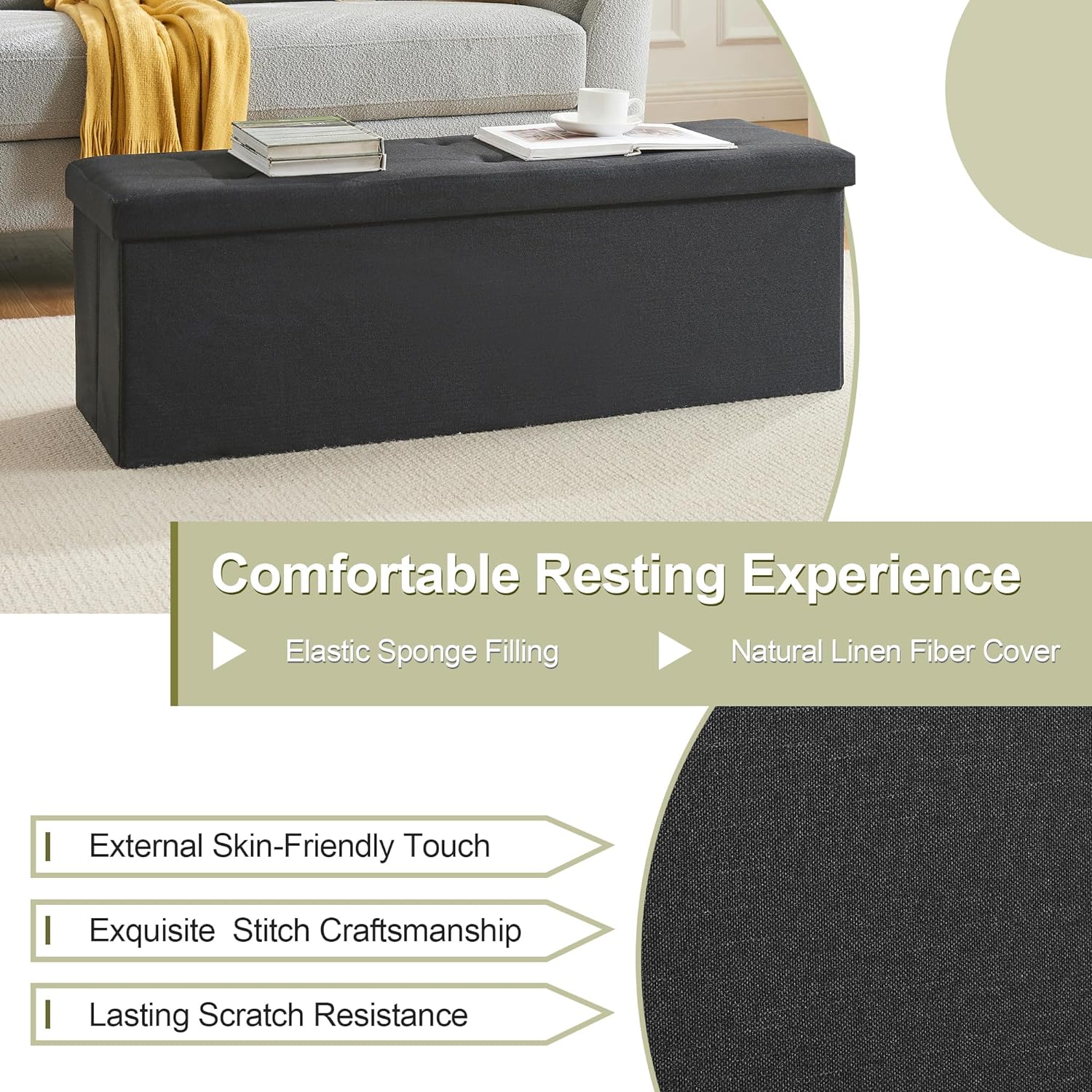 VECELO Folding Storage Ottoman Bench, Storage Chest, Linen Fabric - VECELO