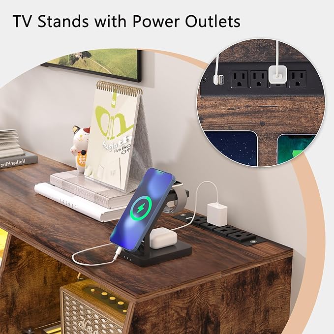 VECELO TV Stand with LED Strip & Power Outlets, Industrial Entertainment Center