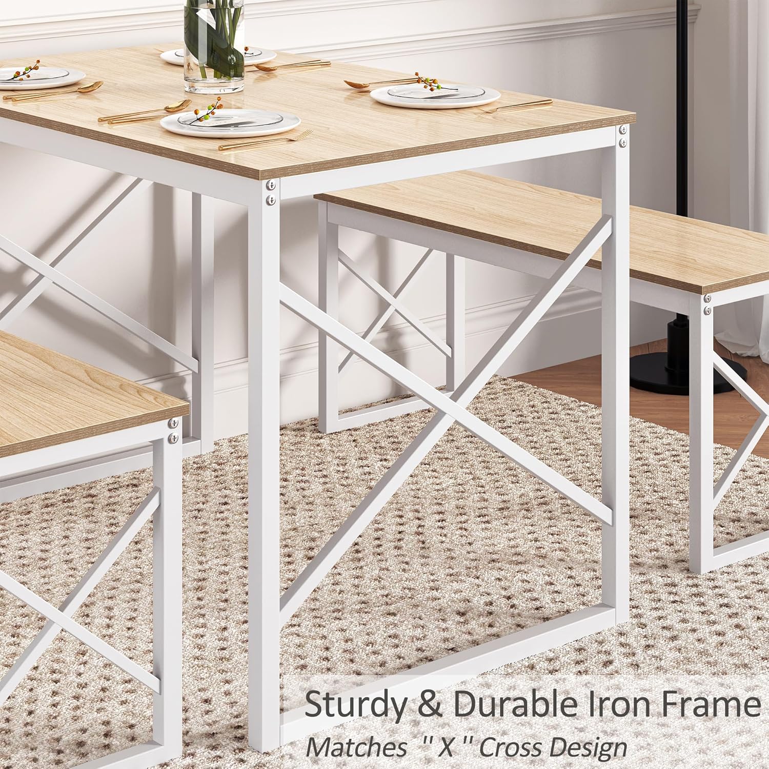 VECELO Kitchen Table with 2 Benches for 4 - VECELO