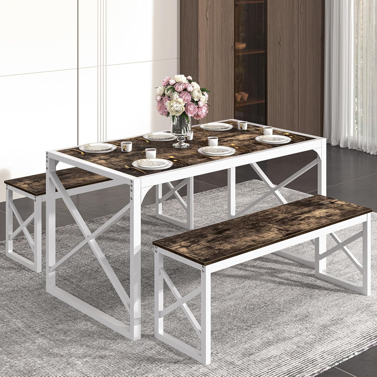 VECELO Kitchen Table with 2 Benches for 4 - VECELO