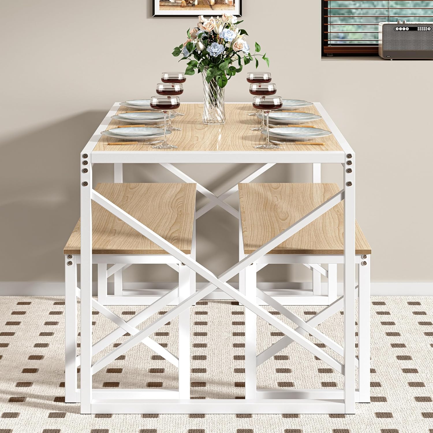 VECELO Kitchen Table with 2 Benches for 4 - VECELO