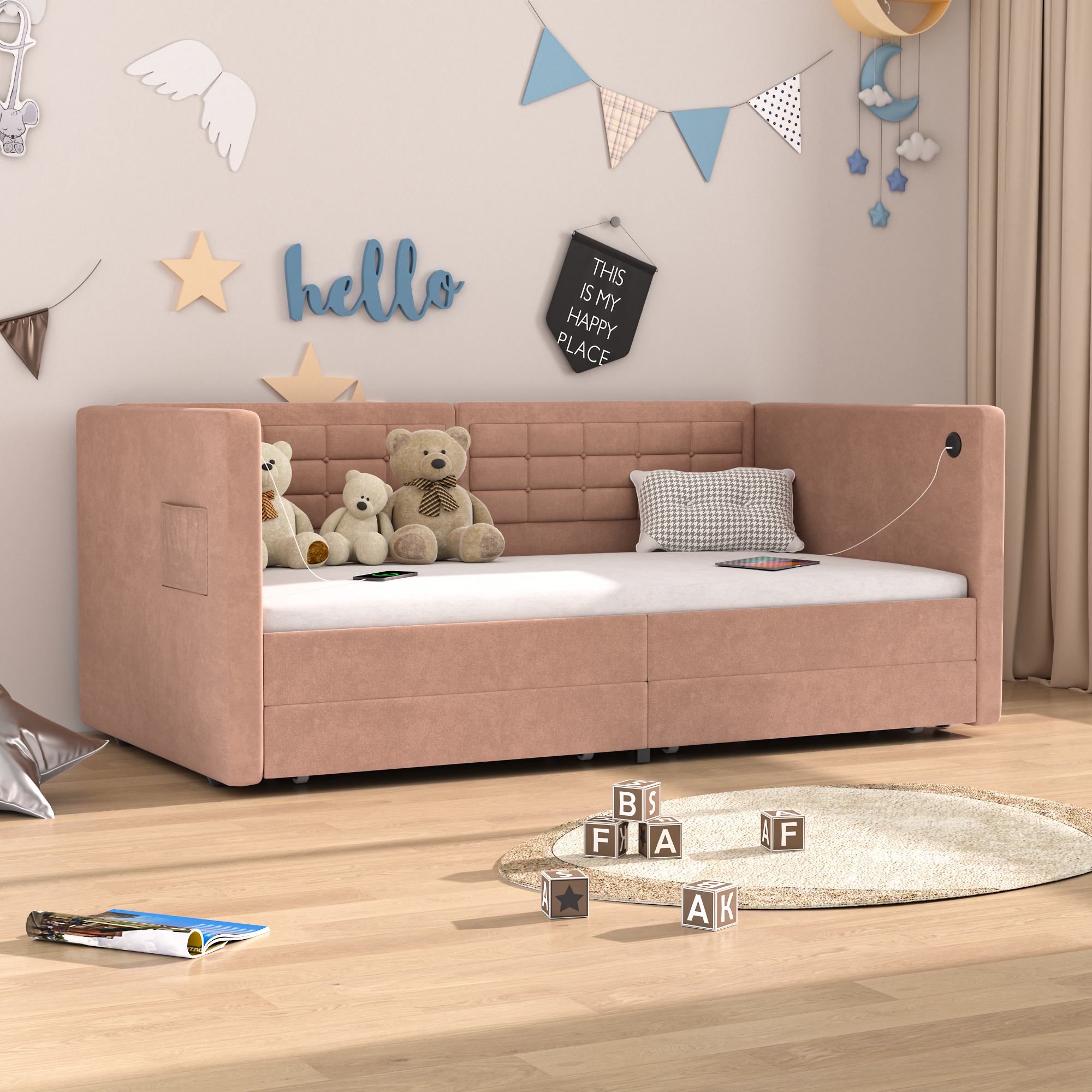 VECELO Twin Daybed with Storage Drawers, Upholstered Day Bed with Button Tufted headboard and Wood Slat Support