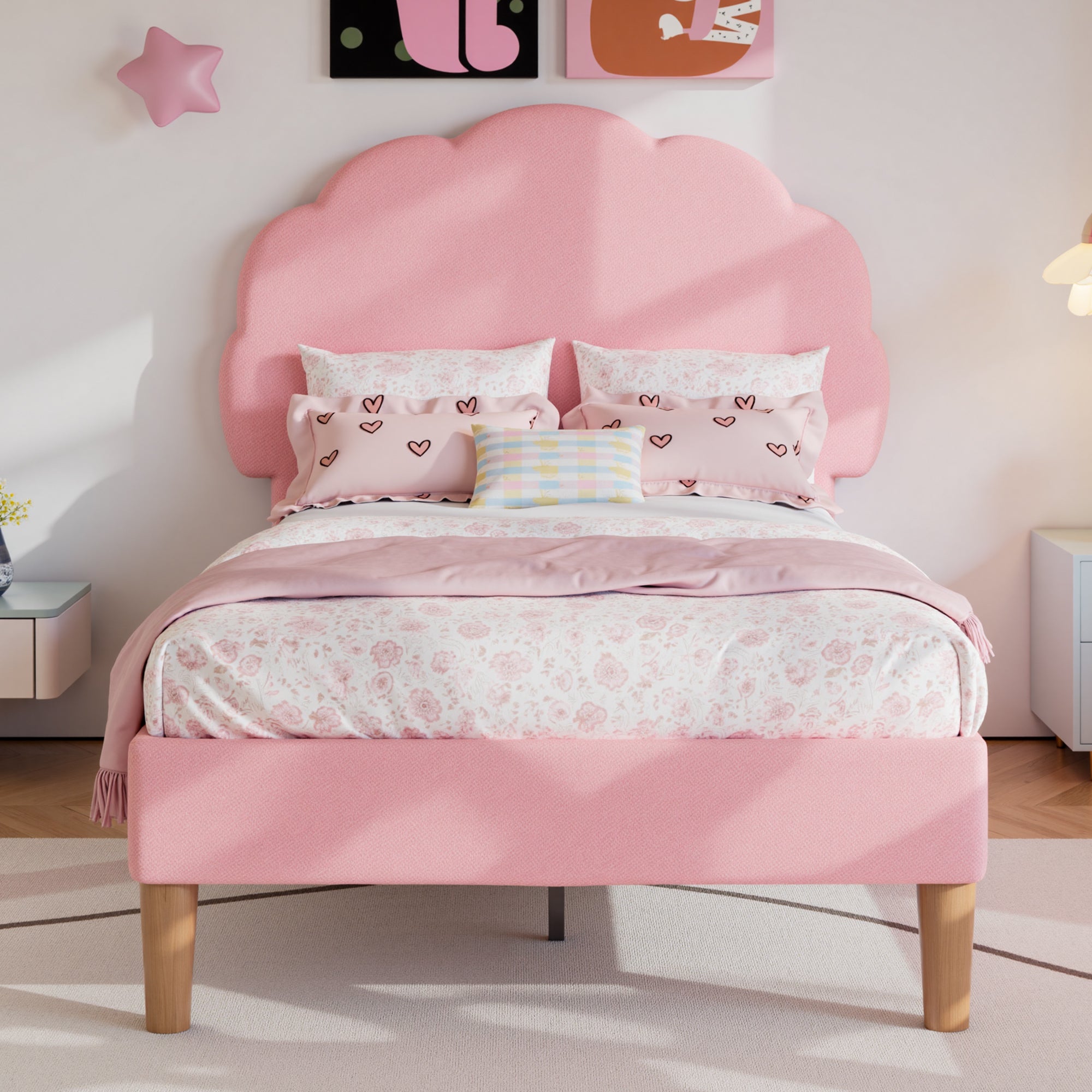 VECELO Twin Size Bed Frame, Upholstered Platform Bedframe with Height Adjustable Plush Fabric Headboard