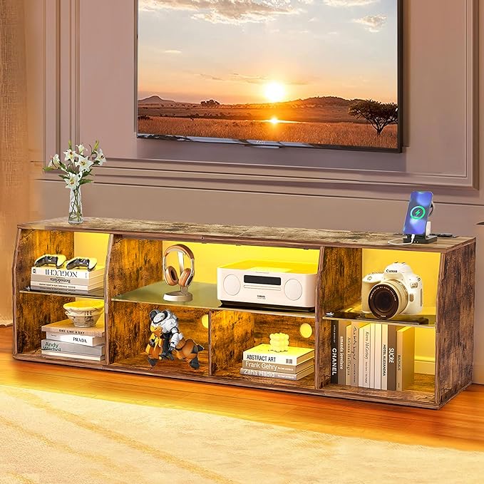 VECELO TV Stand with LED Strip & Power Outlets, Industrial Entertainment Center