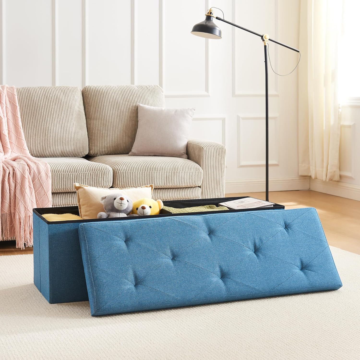 VECELO Folding Storage Ottoman Bench, Storage Chest, Linen Fabric - VECELO