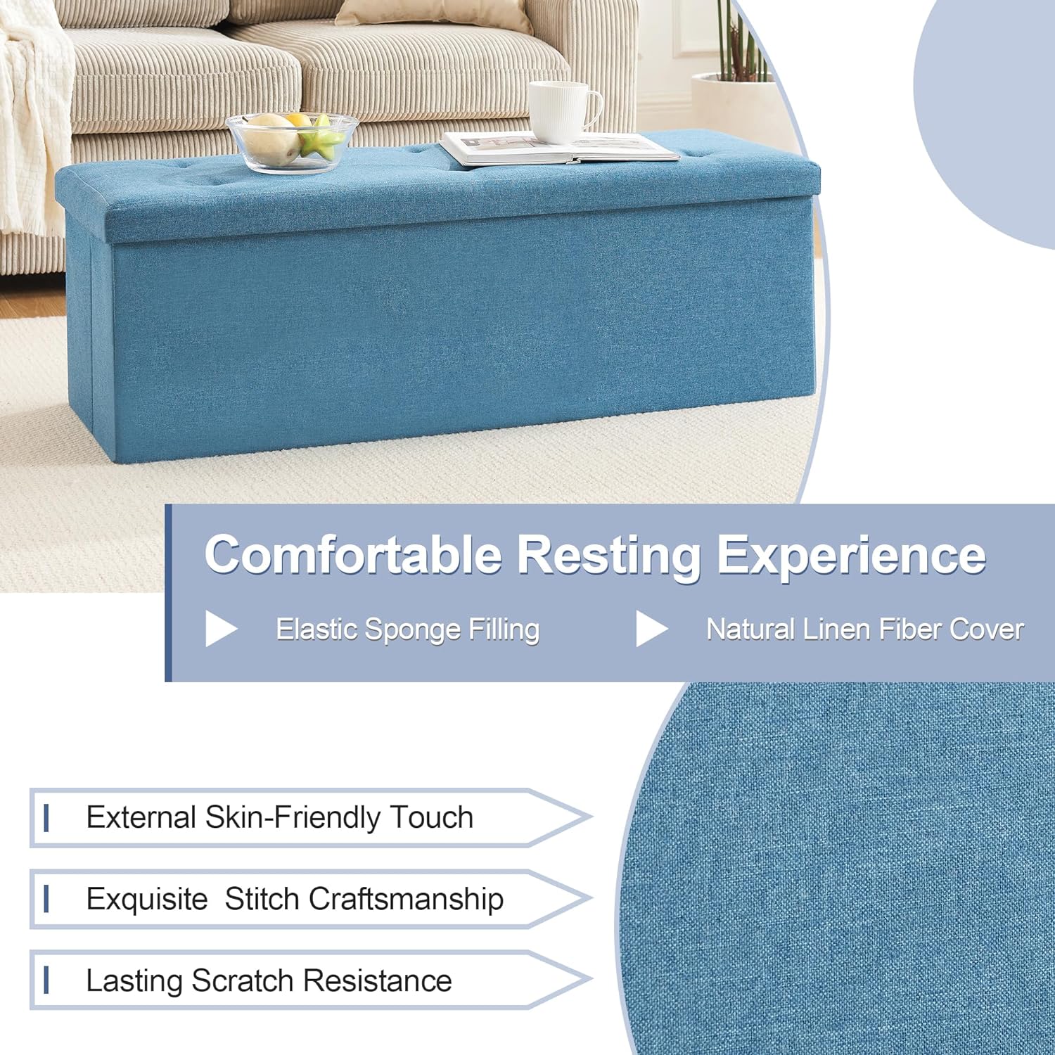 VECELO Folding Storage Ottoman Bench, Storage Chest, Linen Fabric - VECELO