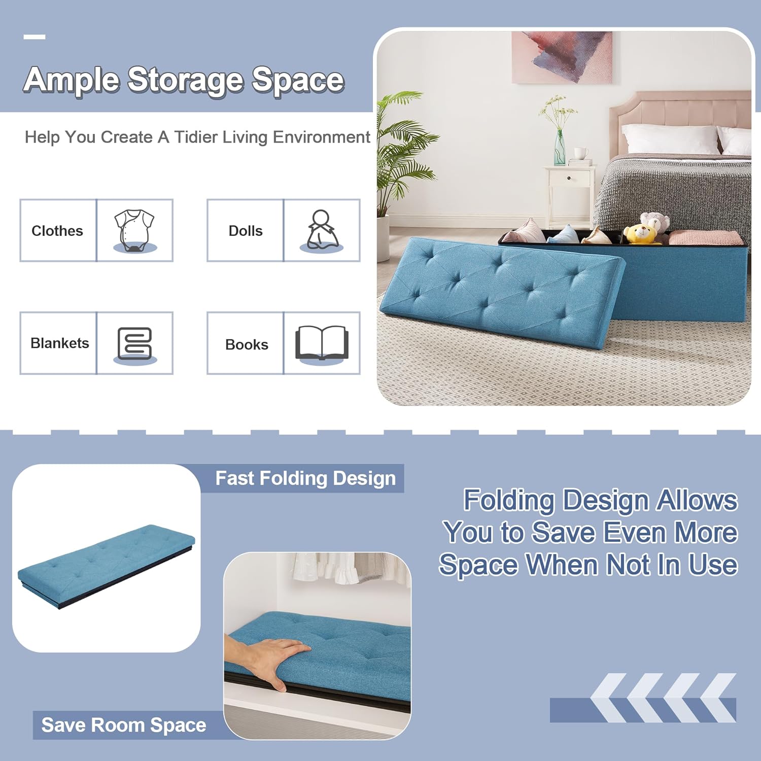 VECELO Folding Storage Ottoman Bench, Storage Chest, Linen Fabric - VECELO