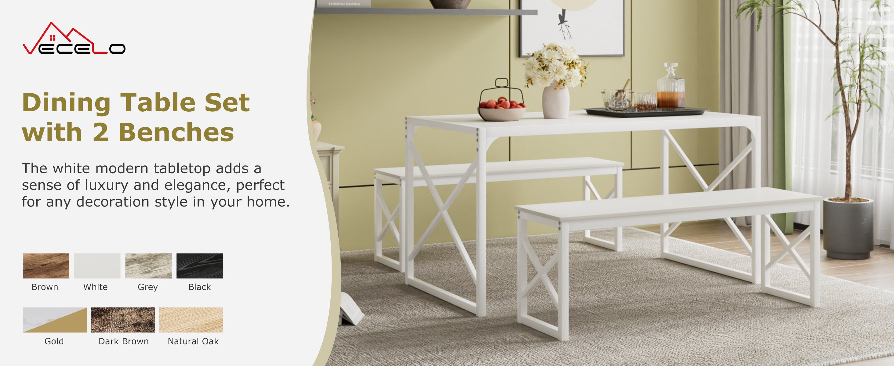 VECELO Kitchen Table with 2 Benches for 4 - VECELO