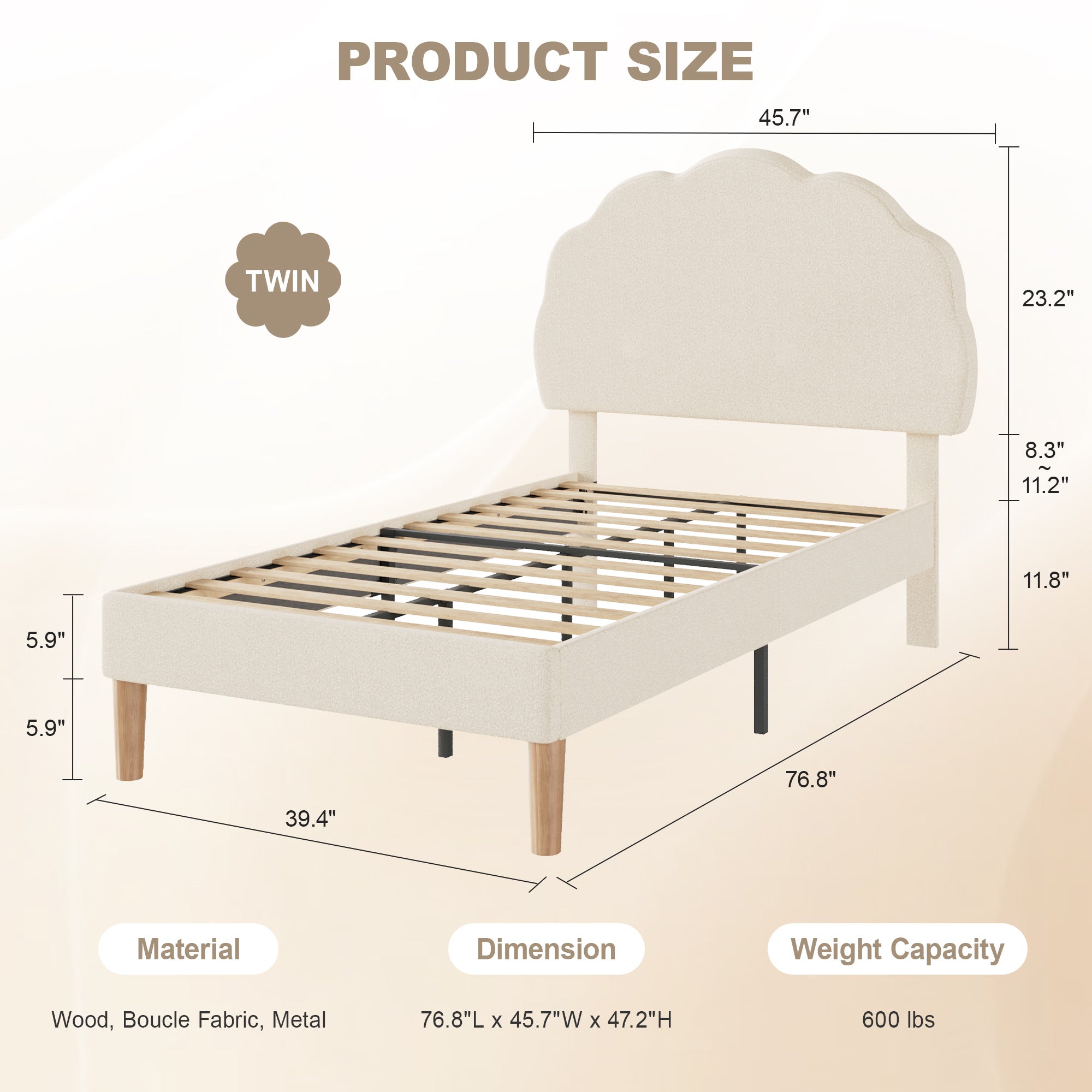 VECELO Twin Size Bed Frame, Upholstered Platform Bedframe with Height Adjustable Plush Fabric Headboard