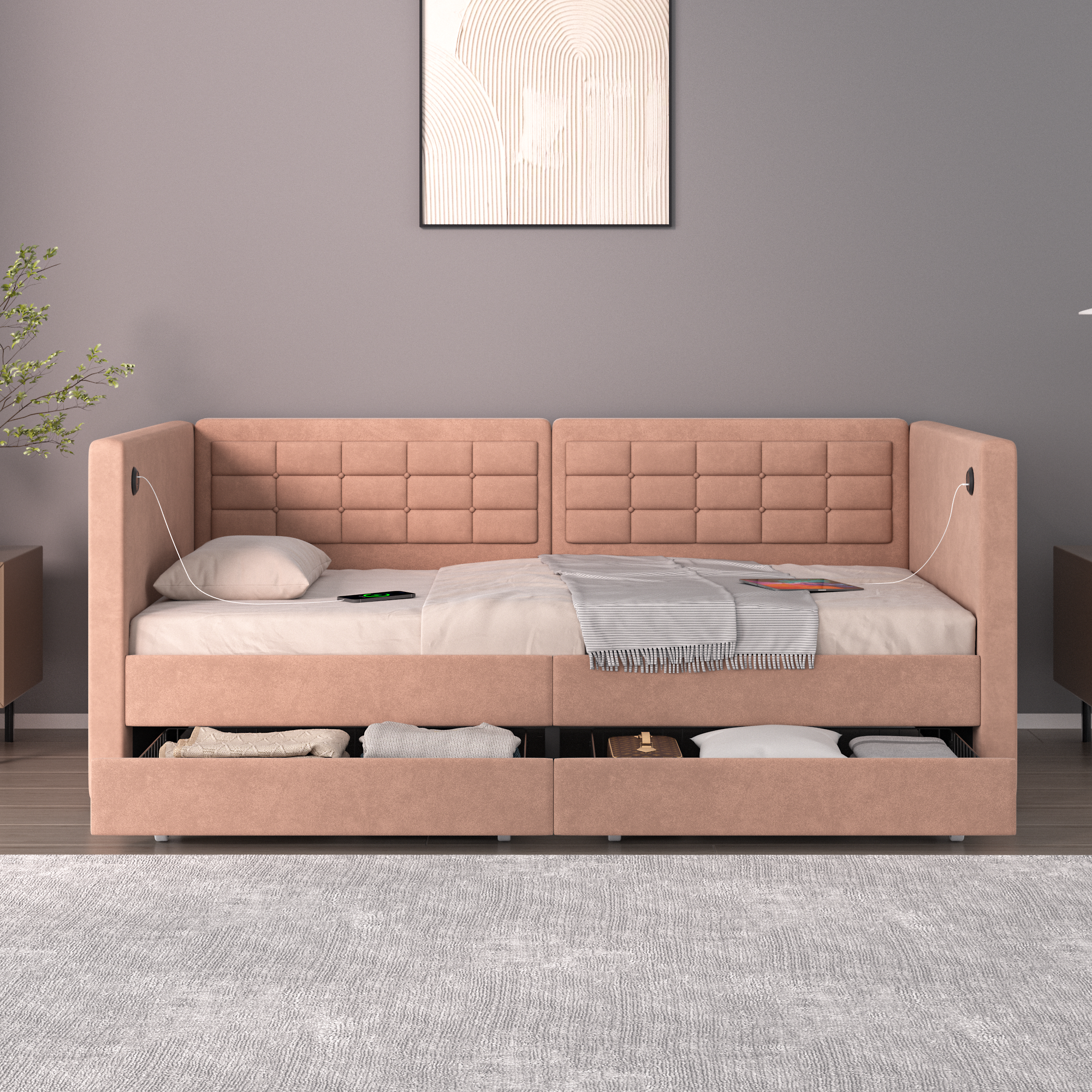 VECELO Twin Daybed with Storage Drawers, Upholstered Day Bed with Button Tufted headboard and Wood Slat Support