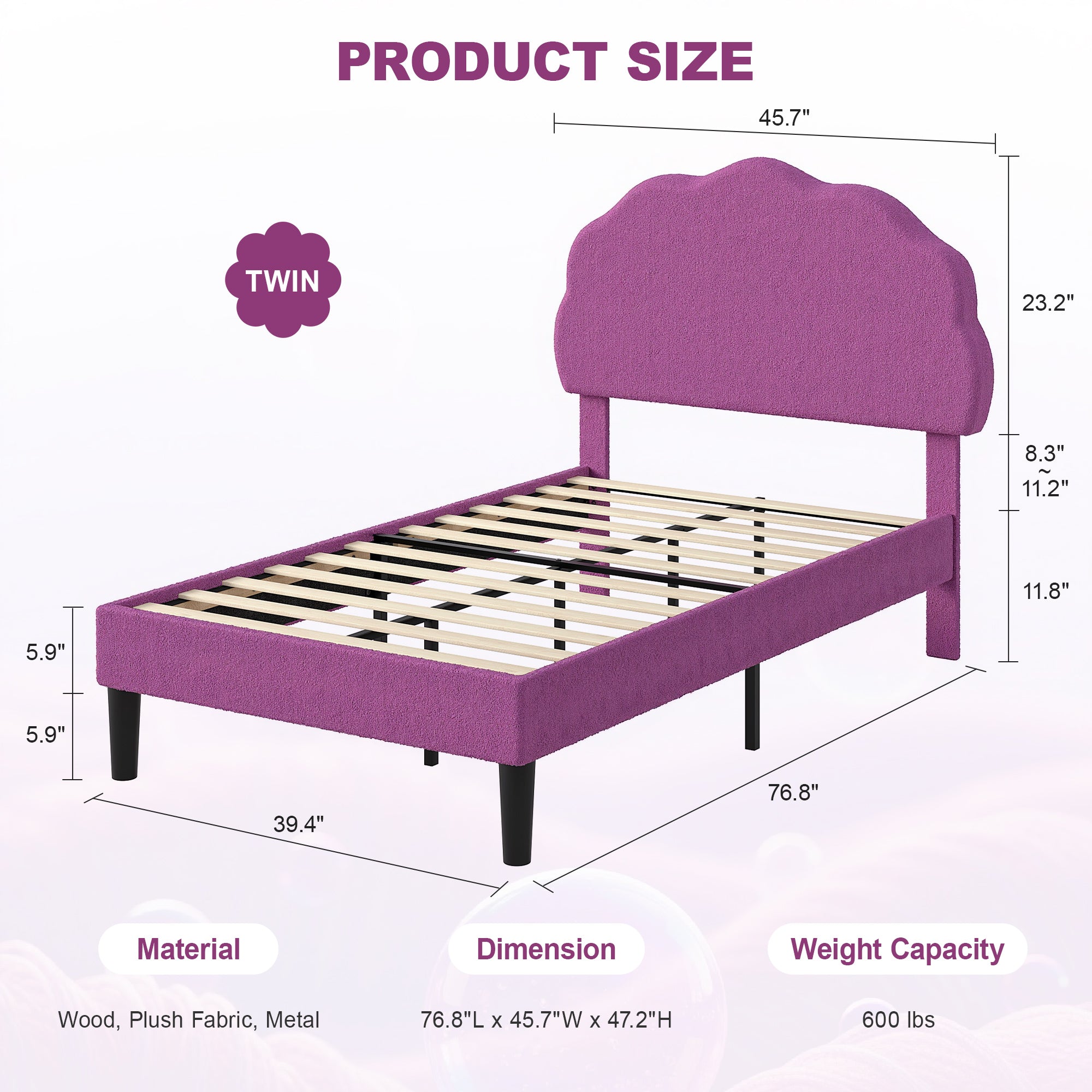 VECELO Twin Size Bed Frame, Upholstered Platform Bedframe with Height Adjustable Plush Fabric Headboard