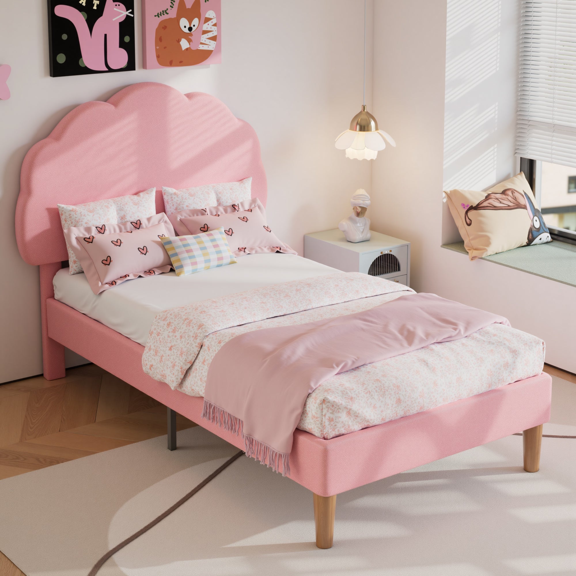 VECELO Twin Size Bed Frame, Upholstered Platform Bedframe with Height Adjustable Plush Fabric Headboard