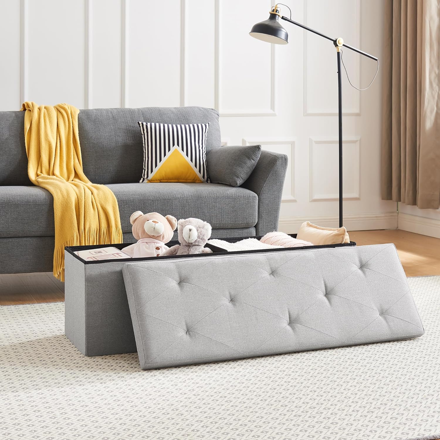 VECELO Folding Storage Ottoman Bench, Storage Chest, Linen Fabric - VECELO