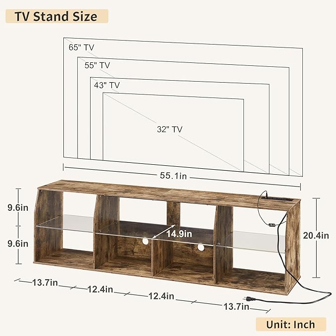 VECELO TV Stand with LED Strip & Power Outlets, Industrial Entertainment Center