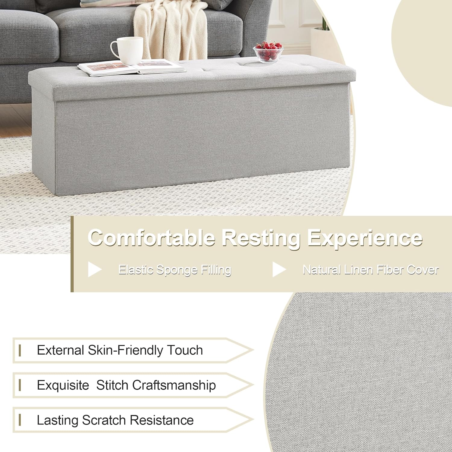 VECELO Folding Storage Ottoman Bench, Storage Chest, Linen Fabric - VECELO