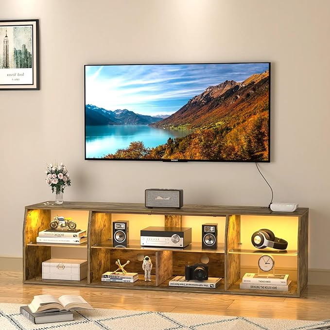 VECELO TV Stand with LED Strip & Power Outlets, Industrial Entertainment Center