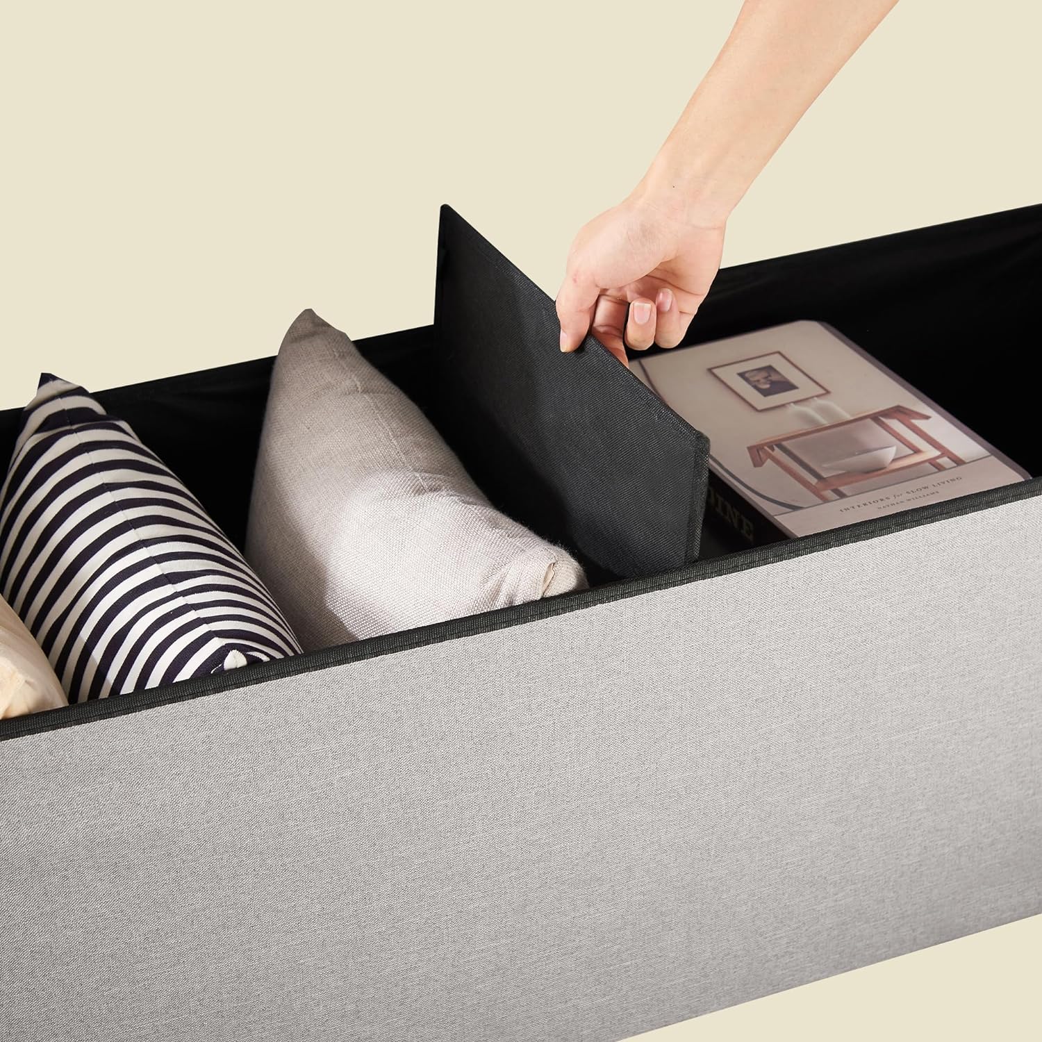 VECELO Folding Storage Ottoman Bench, Storage Chest, Linen Fabric - VECELO