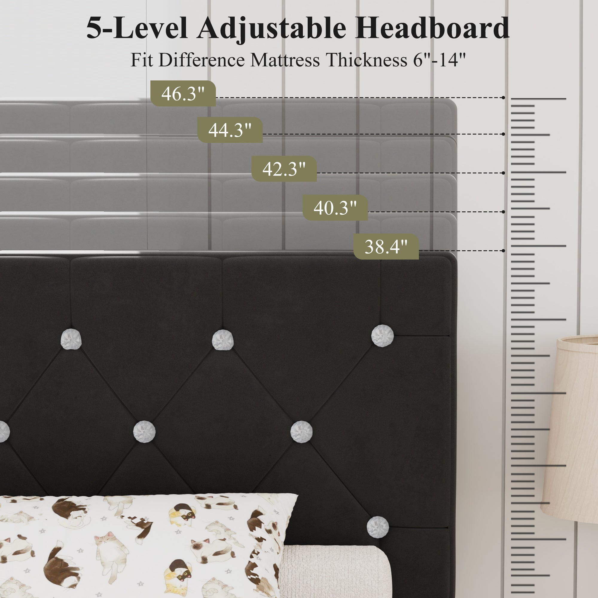 VECELO Bed Frame, Upholstered Platform with Adjustable Diamond Tufted Headboard