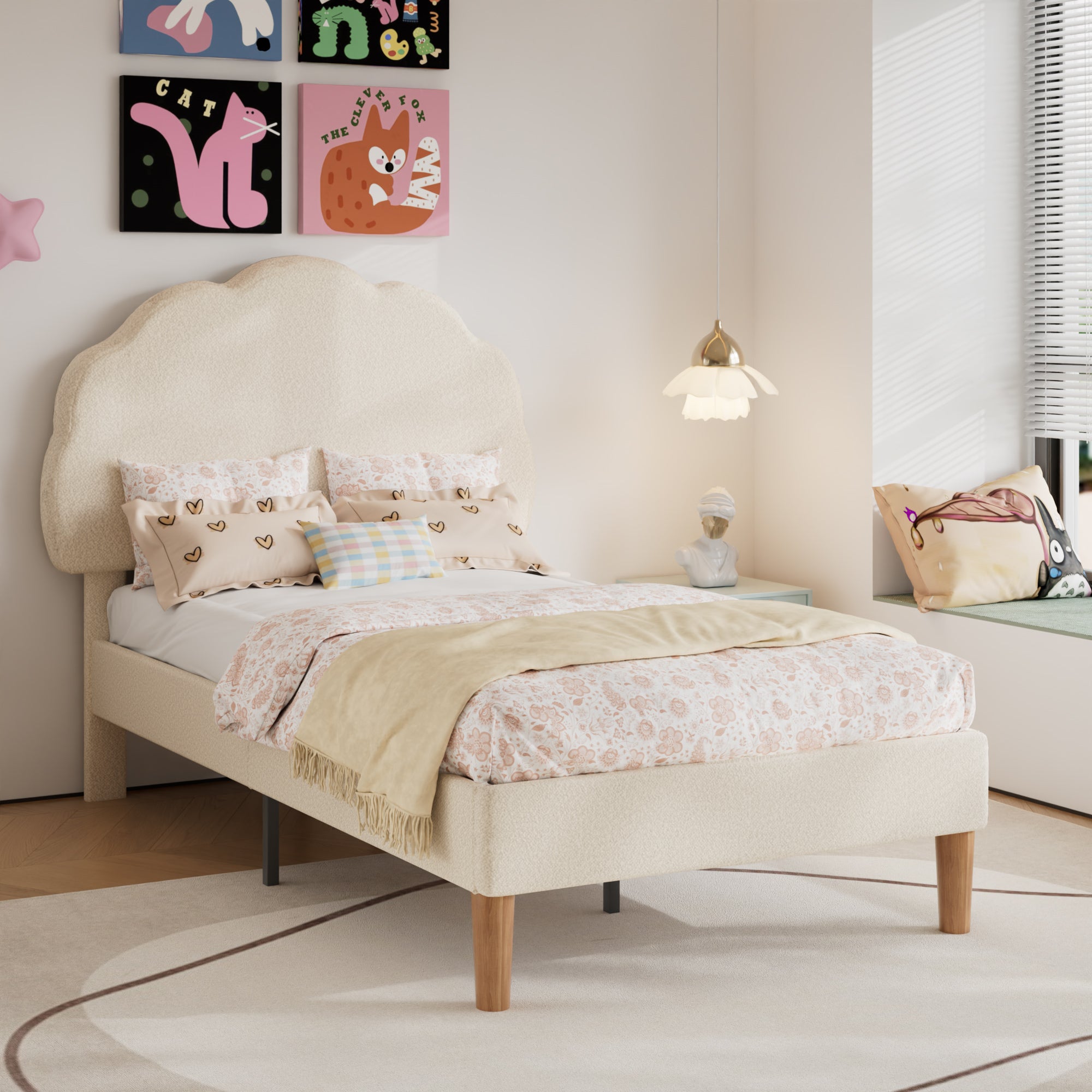 VECELO Twin Size Bed Frame, Upholstered Platform Bedframe with Height Adjustable Plush Fabric Headboard