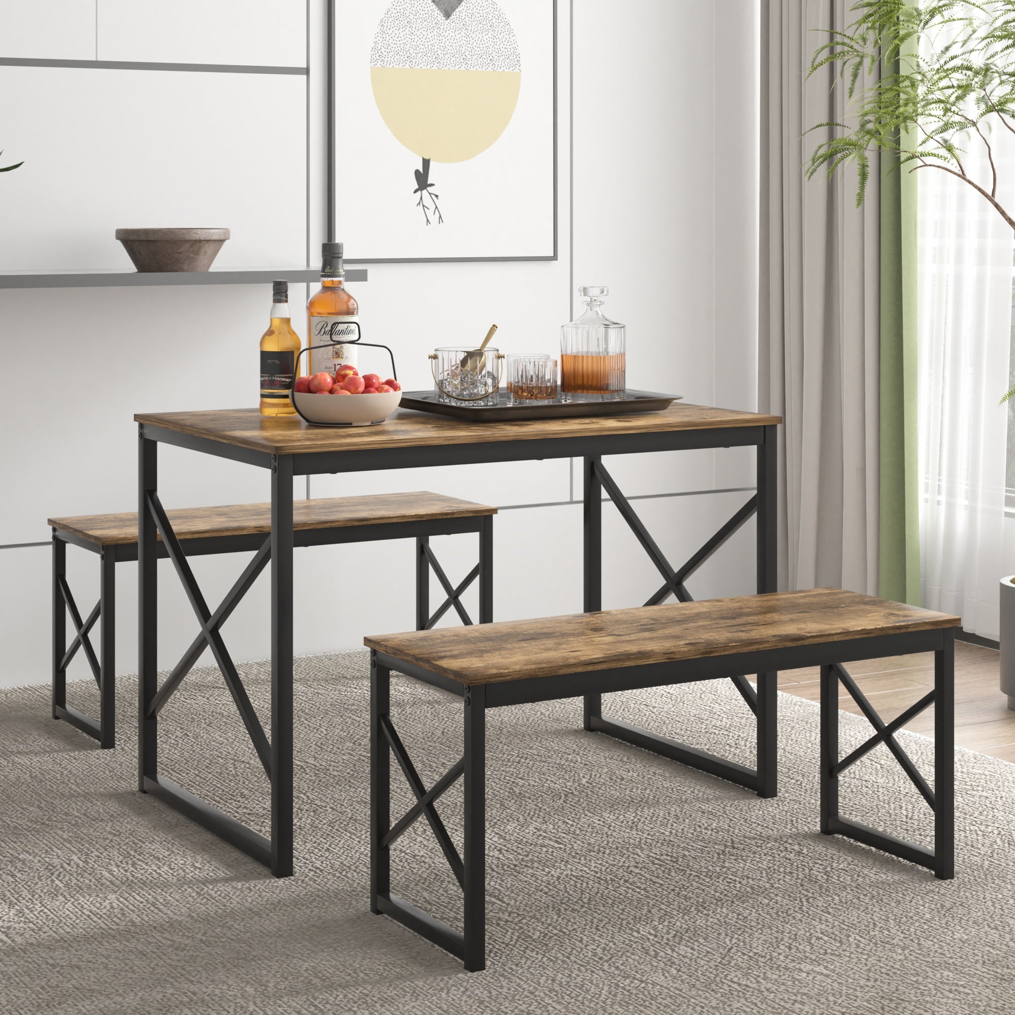 VECELO Kitchen Table with 2 Benches for 4