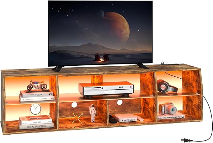 VECELO TV Stand with LED Strip & Power Outlets, Industrial Entertainment Center