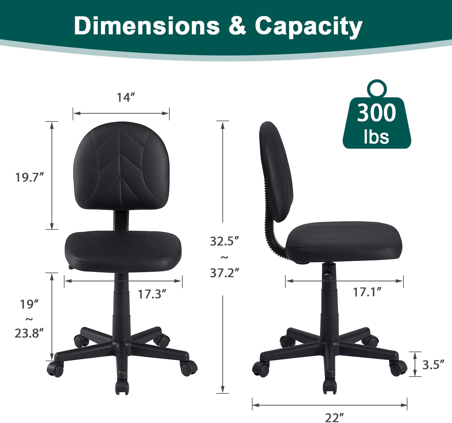 VECELO Small Desk Armless Low-Backrest PU Leather Ergonomic Computer Chair