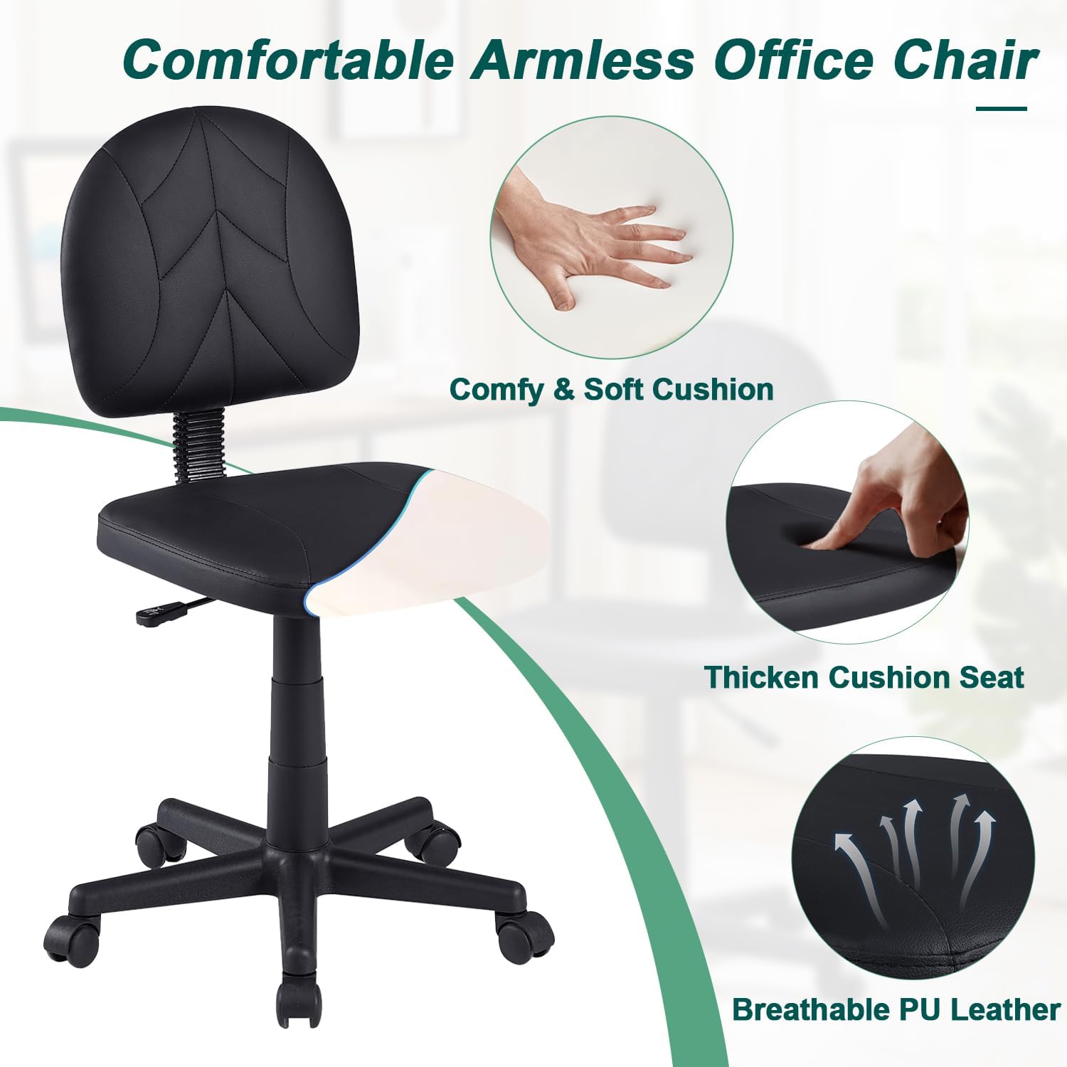 VECELO Small Desk Armless Low-Backrest PU Leather Ergonomic Computer Chair