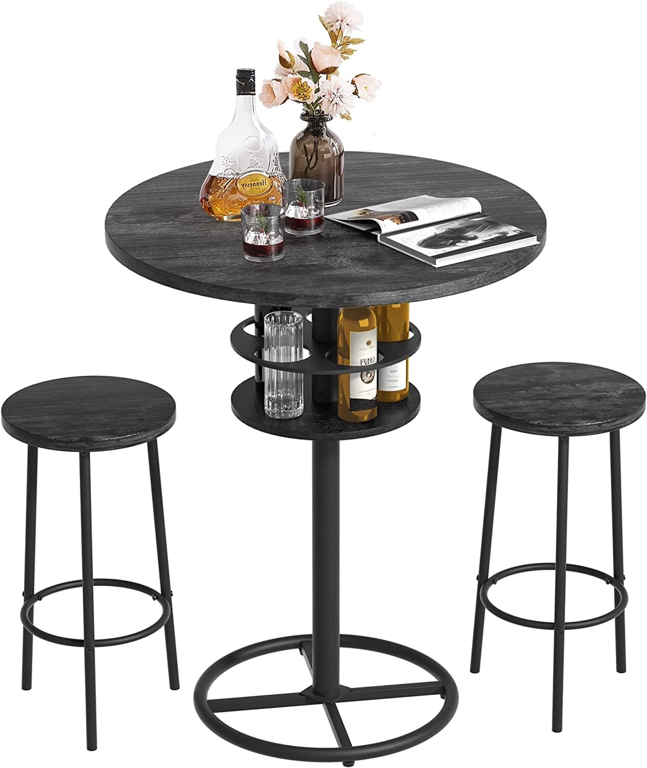 VECELO 3 Piece Bar Table Set, Small 2-Tier Round Pub Table with Barstools - VECELO