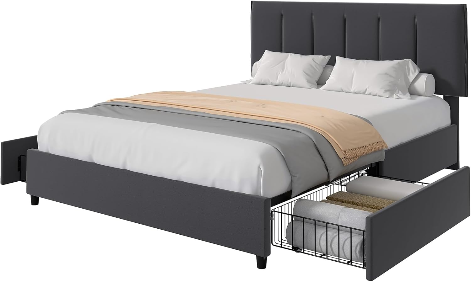 VECELO Upholstered Bed Frame with 4 Storage Drawers and Adjustable Velvet Headboard