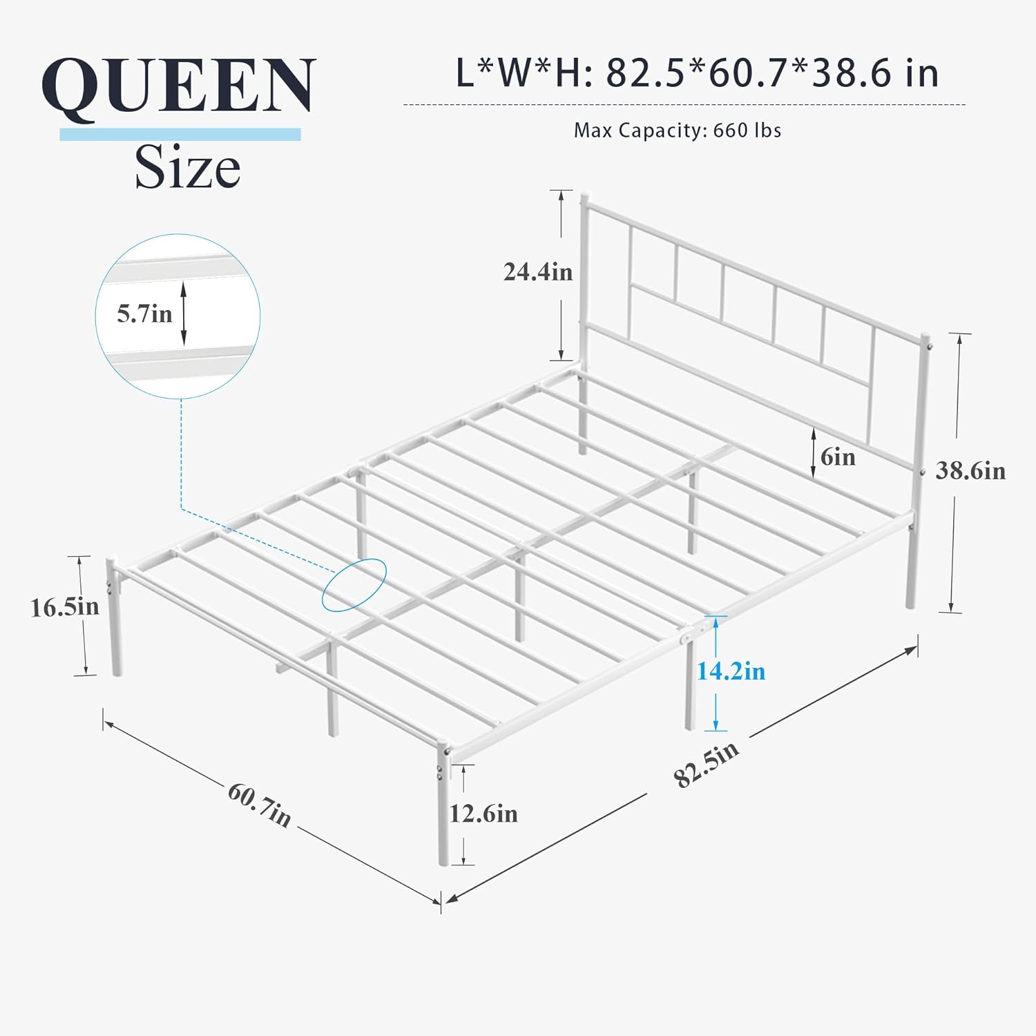 VECELO Bed Frame, 14 Inch Metal Platform with Headboard, Heavy Duty Steel Slat Support - VECELO