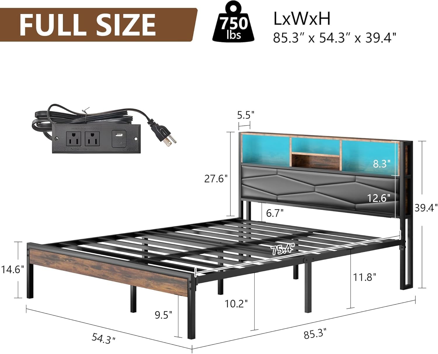 VECELO Bed Frame with 2-Tier Storage Headboard and Charging Station