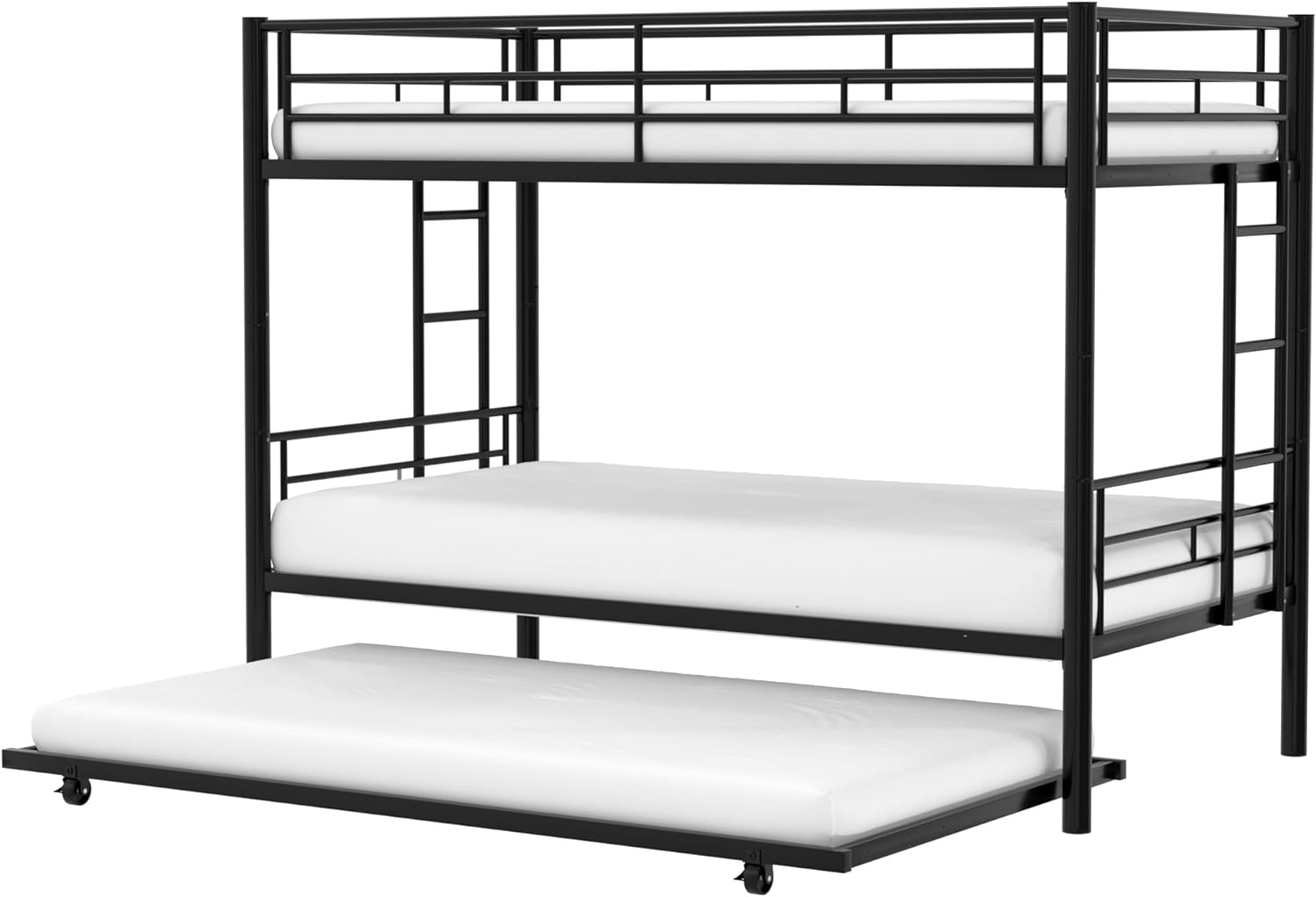 VECELO Bunk Bed Twin Over Twin with Trundle, Metal Bunkbeds with Ladder and Full-Length Guardrail - VECELO
