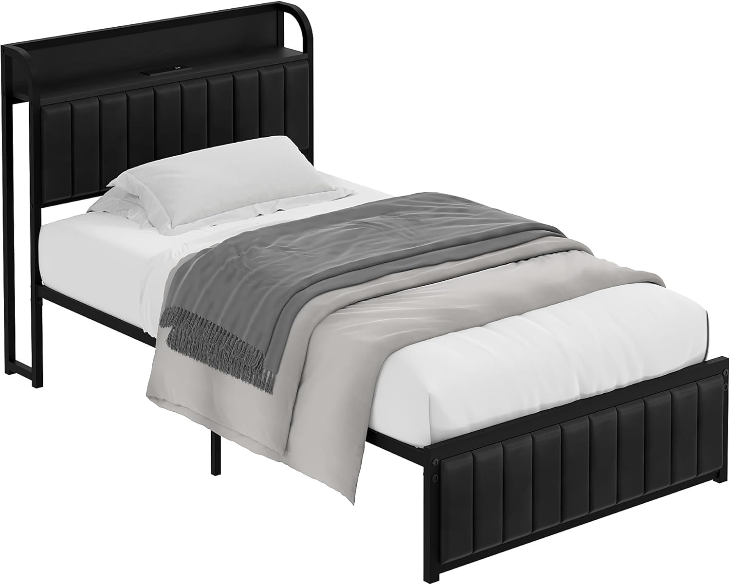 VECELO Twin Bed Frame, Storage Upholstered Headboard with Charging Station
