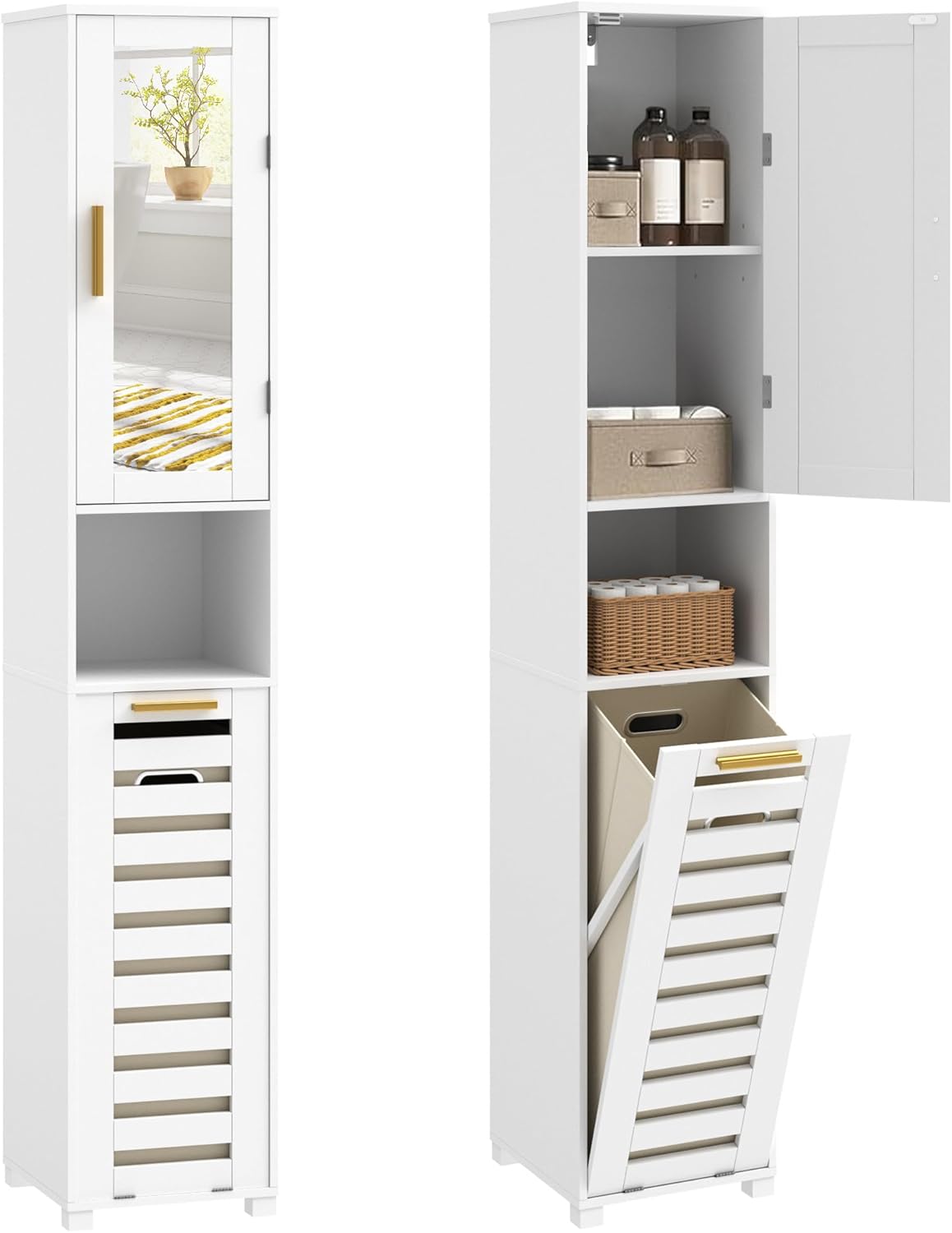 VECELO Tall Bathroom Storage Cabinet with Mirror and Hidden Basket