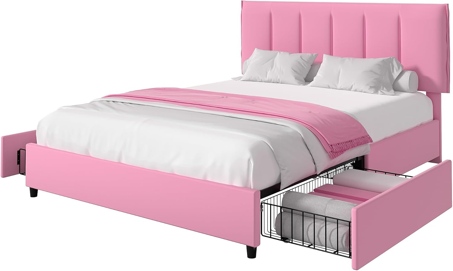 VECELO Upholstered Bed Frame with 4 Storage Drawers and Adjustable Velvet Headboard