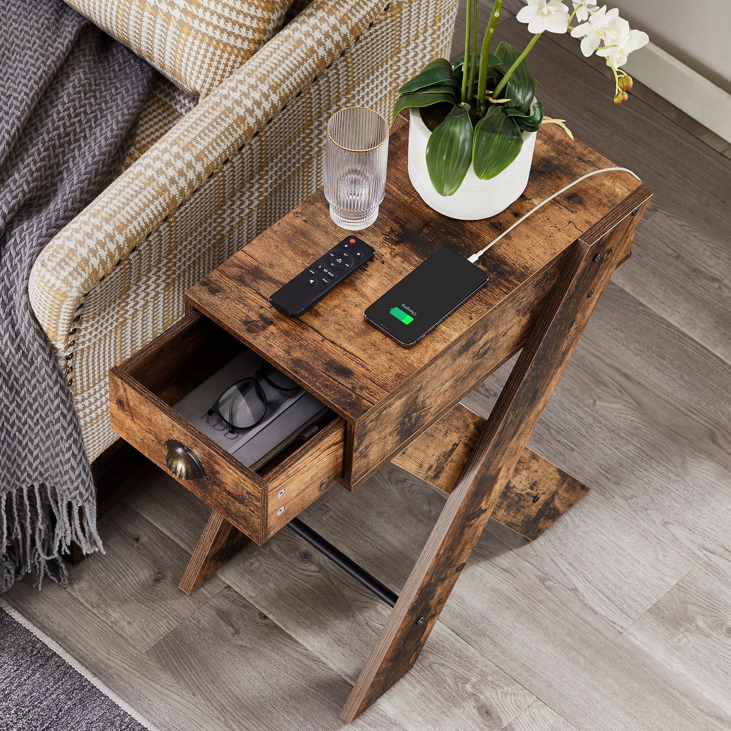 VECELO End Side Table with Charging Station Narrow Nightstand with Drawer& USB Ports - VECELO