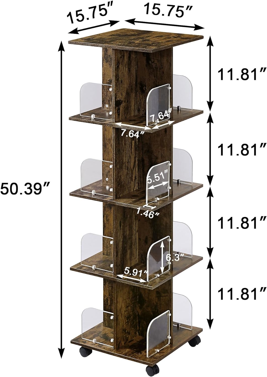 VECELO 4 Tier Rotating Bookshelf Tower,360° Corner Display Shelf with Wheels - VECELO