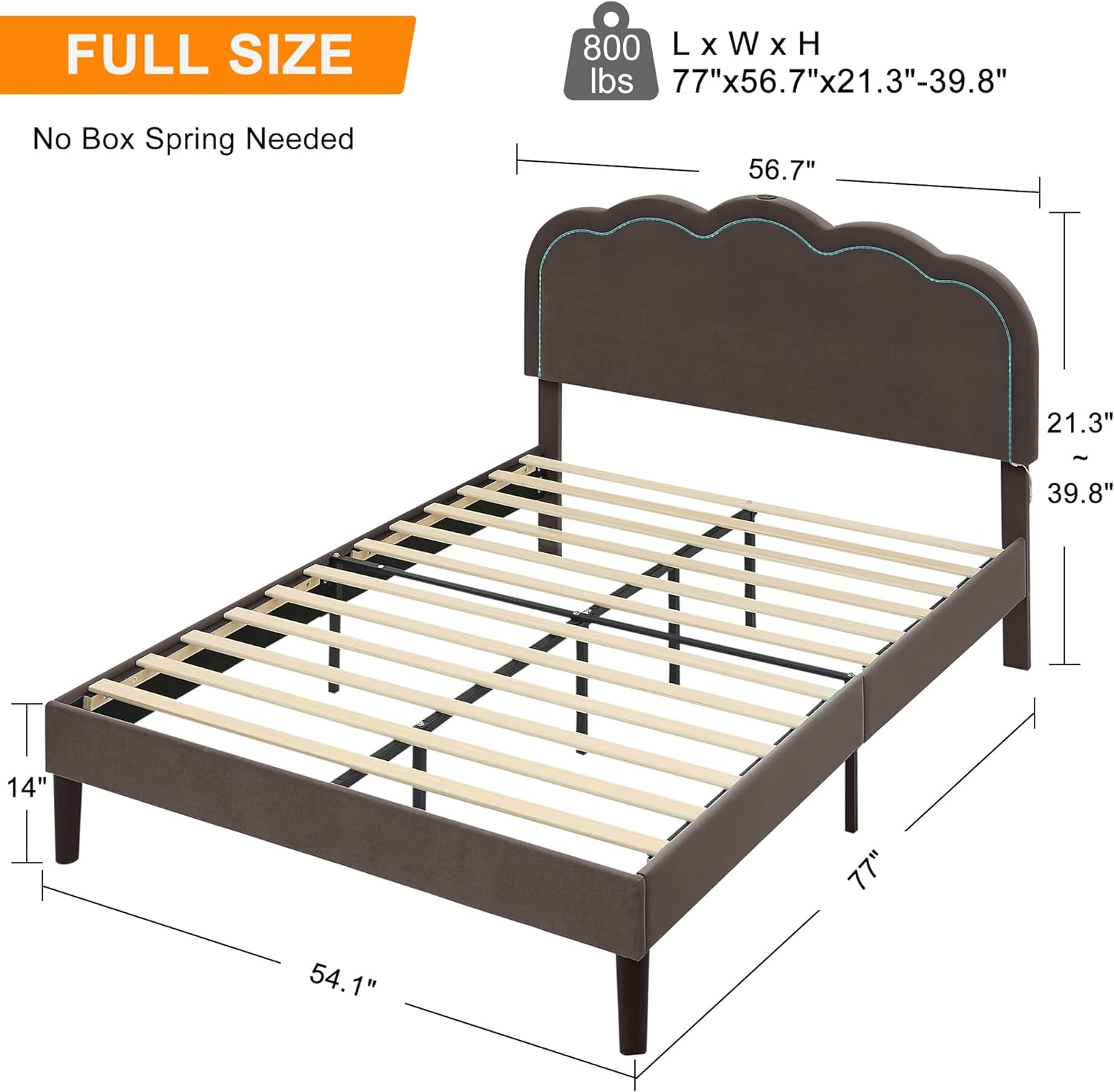 VECELO Upholstered Velvet Platform Bed Frame with Headboard Adjustable, LED Lights, USB-A & Type-C