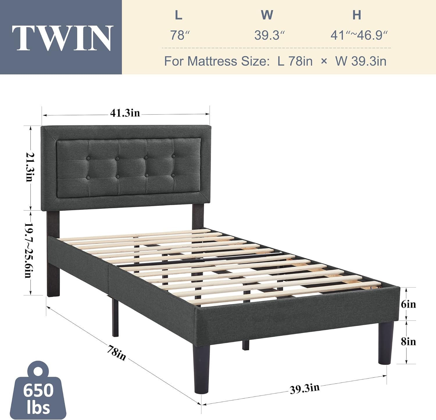 VECELO Upholstered Platform Bed Frame with Height Adjustable Headboard - VECELO