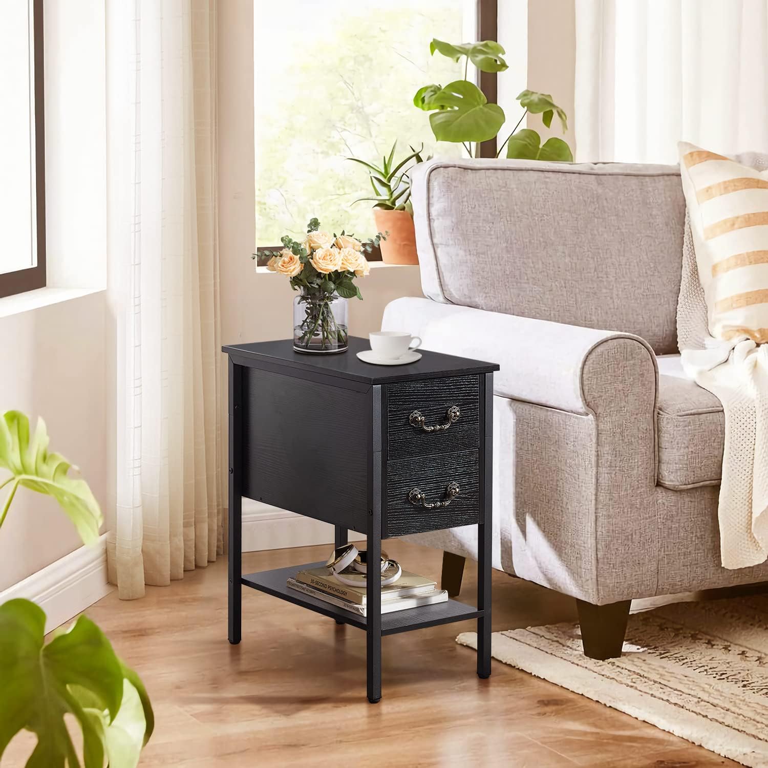 VECELO End Tables,Narrow Nightstands with Charging Station & USB Ports &Drawers - VECELO