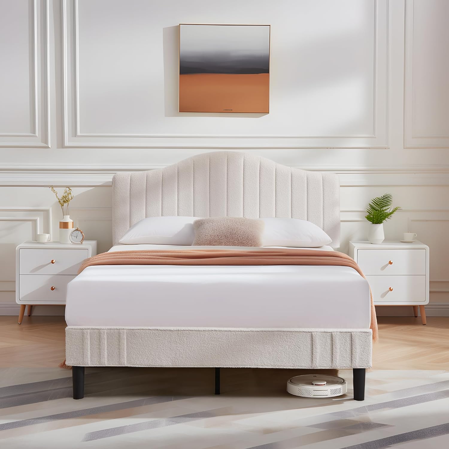 VECELO Upholstered Platform Bed Frame with Sheepskin Fabric Adjustable Headboard/Strong Wood Slats Supports